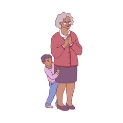 Vector illustration of grandmother and her little grandson standing in pleasant anticipation and waiting for enjoyable surprise in sketch style - isolated amazed aged woman and kid.