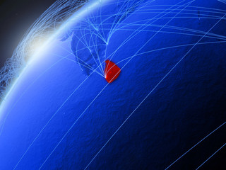 Obraz premium Sri Lanka on model of green planet Earth with international networks. Concept of blue digital communication and technology.
