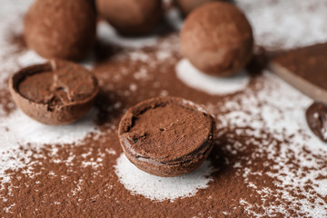 Tasty sweet truffles with cacao powder on light table