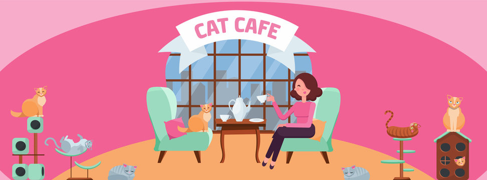 Fb Cover Web Banner Social Media Design Welcome To Cat Cafe Template Vector On White Background.Cats Sit On Stylish Chairs At Cafe Table, On Cozy Red Soft Chair. Flat Cartoon Vector Illustration