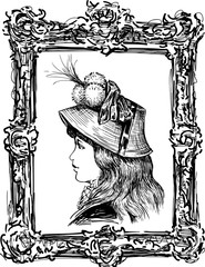 Vector image of a portrait of a young lady in an ornate frame