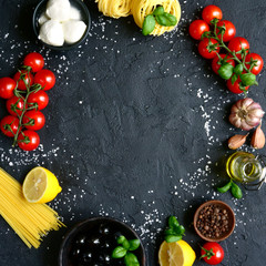 Food background with traditional ingredients of mediterranean cuisine.Top view with copy space.Square image.