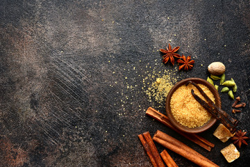 Assortment of winter spices.Top view with copy space.