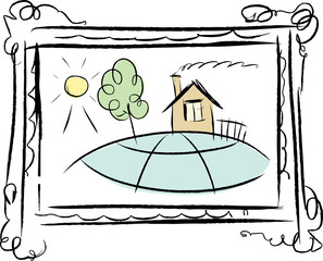 Vector sketch of a landscape in a frame