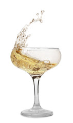 Glass of champagne with splash on white background