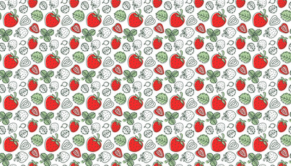 Strawberry background. Seamless pattern. Hand drawn fresh berry. Multicolored vector sketch. Colorful doodle wallpaper. Red and green print