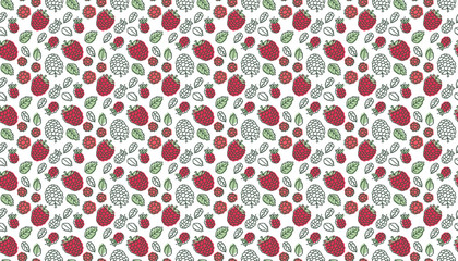 Raspberry background. Seamless pattern. Hand drawn fresh berry. Multicolored vector sketch. Colorful doodle wallpaper. Red print