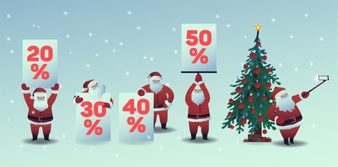 Vector illustration set of Santa Claus with placards with various percentage signs and taking selfie using smartphone on snowfall background - Christmas and New Year symbol for holiday sale design.