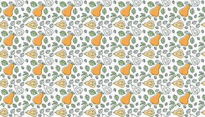 Pear sketch background. Seamless pattern. Hand drawn fresh fruit. Color vector. Colorful doodle wallpaper. Print