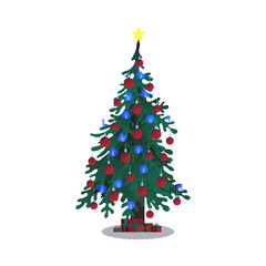 Vector illustration of Christmas tree decorated with balls with candles and star on top in flat style - green spruce with stack of gift boxes isolated on white background.