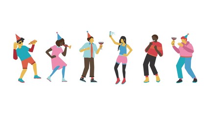 Friend party vector illustration set with men and women with holiday equipment dancing and having fun - isolated flat male and female characters with no faces drinking cocktails and eating pizza.