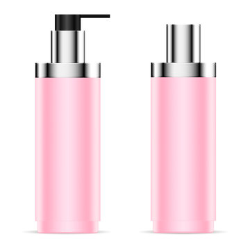 Dispenser Pump Cosmetic Bottles with Gloss Cap. Realistic 3d Plastic Package Mockup Collection for Liquid Care Products. Vector Blank Beauty Containers. Spa Cream Jar.