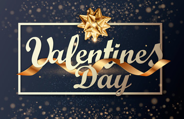 Valentines day background greeting card design template. Party poster, banner or invitation gold glittering stars confetti glitter decoration. Vector background with golden gift bow