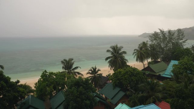 Bad Weather On Tropical Island. Raining On The Beach. Thailand.