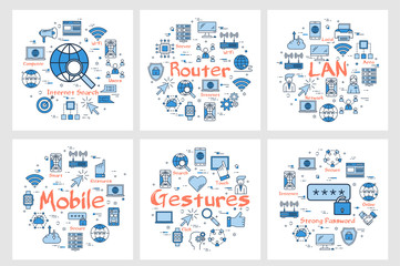 Six blue internet square banners - LAN, router