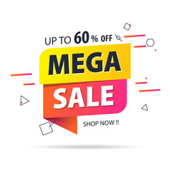 Yellow orange tag Mega sale 60 percent off promotion website banner heading design on graphic white background vector for banner or poster. Sale and Discounts Concept.