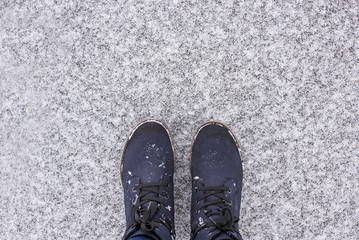 shoes boots on snow asphalt, winter, first snow
