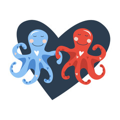 Vector hand drawn illustration of two cute blue little octopuses dancing with red and blue hearts isolated on big heart shape. Valentine card 2019