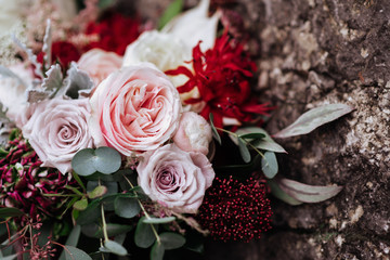 Roses in a brides flower bouquet wedding concept