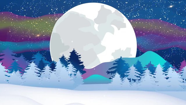 Winter landscape animation. Forest landscape vector illustration. Fir trees, mountains and lake. Falling snow video Pine and spruce. Forest silhouette. Forest pattern. vector illustration.