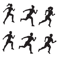 Silhouette of running men and women on white background. Vector set of isolated silhouettes. Vector illustration