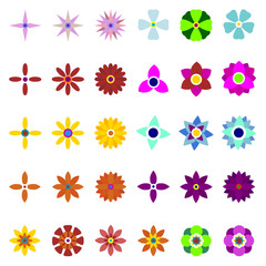 Set of flat Spring flowers icons in silhouette isolated on white. Cute retro illustrations in bright colors for stickers, labels,  tags, Vector