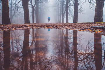 Runner in autumn misty tree alley. Reflexion in water.