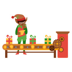 vector flat christmas elf boy standing near conveyor with holiday present toys checking with listing paper. Fairy holiday character in fancy costume, hat, santa assistant. Isolated illustration