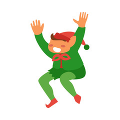 vector flat christmas elf boy dancing or jumping smiling raising hands up. Fairy holiday character in hat, green costume santa claus assistant. Isolated illustration