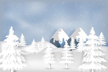 Paper art , cut and digital craft style of Snow , winter season and christmas tree as merry christmas and happy new year concept. Vector illustration.