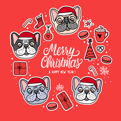 Card Dogs in Merry Christmas santa hats. Frame with lettering. Vector Illustration holiday design. French bulldog hand drawn stickers