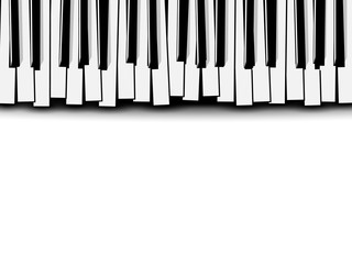 Top view of flat stylized monochrome piano keyboard on white background. Music invitation card. © Jan