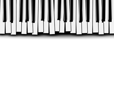 Top view of flat stylized monochrome piano keyboard on white background. Music invitation card.
