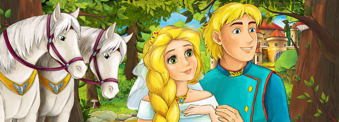 Cartoon scene of beautiful wedding pair prince and princess in the forest near horses and castle in the background - illustration for children