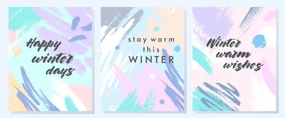 Unique artistic winter cards with hand drawn shapes and textures in soft pastel colors.Trendy graphic design perfect for prints,flyers,banners,invitations,special offer and more.Vector collages.