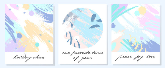 Unique artistic holidays cards with hand drawn shapes and textures in soft pastel colors.Trendy greetings design perfect for prints,flyers,banners,invitations,covers and more.Modern vector collages.v