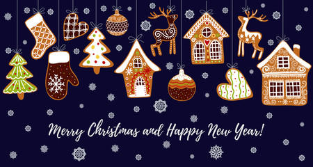 Gingerbread cookies background with an editable blank space in the middle. Christmas greeting card template.