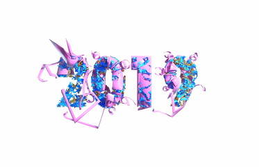 Happy New Year Banner with 2019 trendy pink color Numbers made by plastic and organic matterwhite Background. Abstract 3d illustration