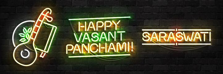 Vector realistic isolated neon sign of Saraswati festival logo for decoration and covering on the wall background. Concept of Happy Vasant Panchami in India.
