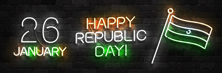 Obraz premium Vector realistic isolated neon sign of 26 January, Happy Republic Day in India logo for decoration and covering on the wall background.