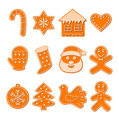 Set of funny gingerbread christmas cookies isolated on white background.