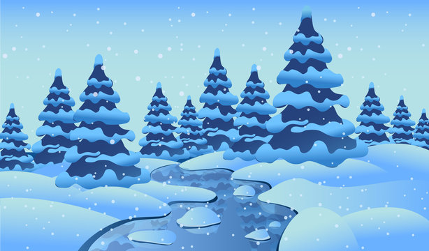 Winter landscape with Christmas trees, a river with ice and snowdrifts. Christmas forest. Cartoon illustration. Vector image.