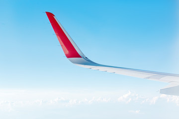 Modern wing of jet plane during flight