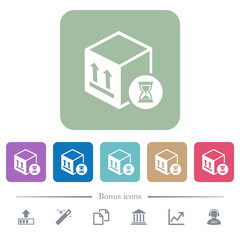 Package delivery in progress flat icons on color rounded square backgrounds