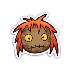 Cartoon rag doll head with dotted halftone. Isolated vector illustration.