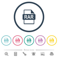 RAR file format flat color icons in round outlines