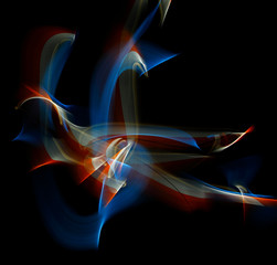 Red-yellow-orange-blue curled line - ribbon painted by light on the black background. Improvisational painting by light.