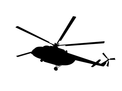 Silhouette of a helicopter, flying in the sky, is isolated on white background.
