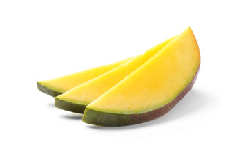 Fresh juicy mango slices isolated on white