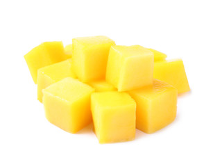 Fresh juicy mango cubes isolated on white